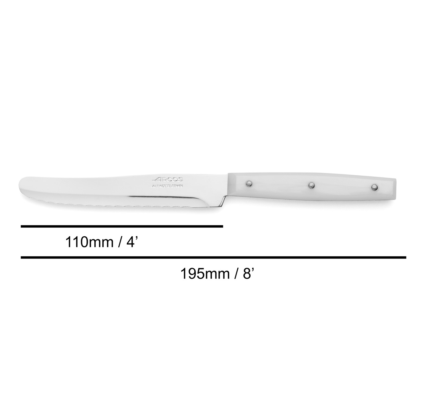 12 Arcos dessert knives, 195 mm, with white polyamide handle and 11 cm blade