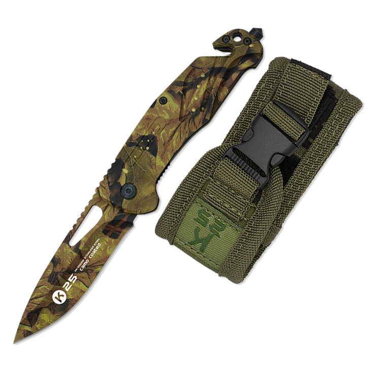 K25 tactical camouflage pocket knife with belt cutter and glass b...