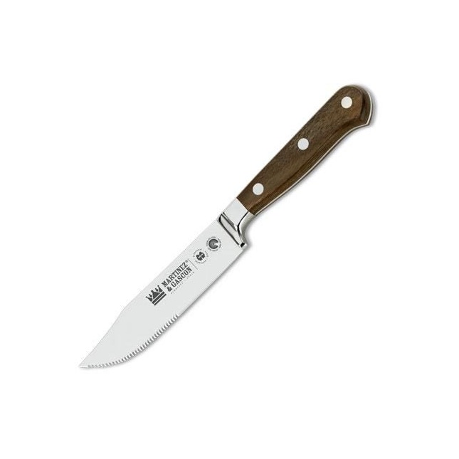 Forged steak knife with pressed wood handle and half-serrated bla...