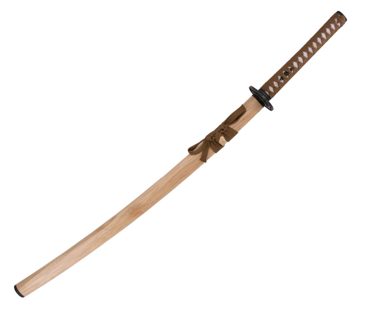 Functional Katana with wood colored scabbard and brown stringing
