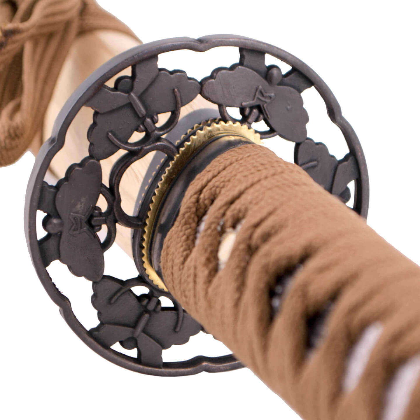 Functional Katana with wood colored scabbard and brown stringing