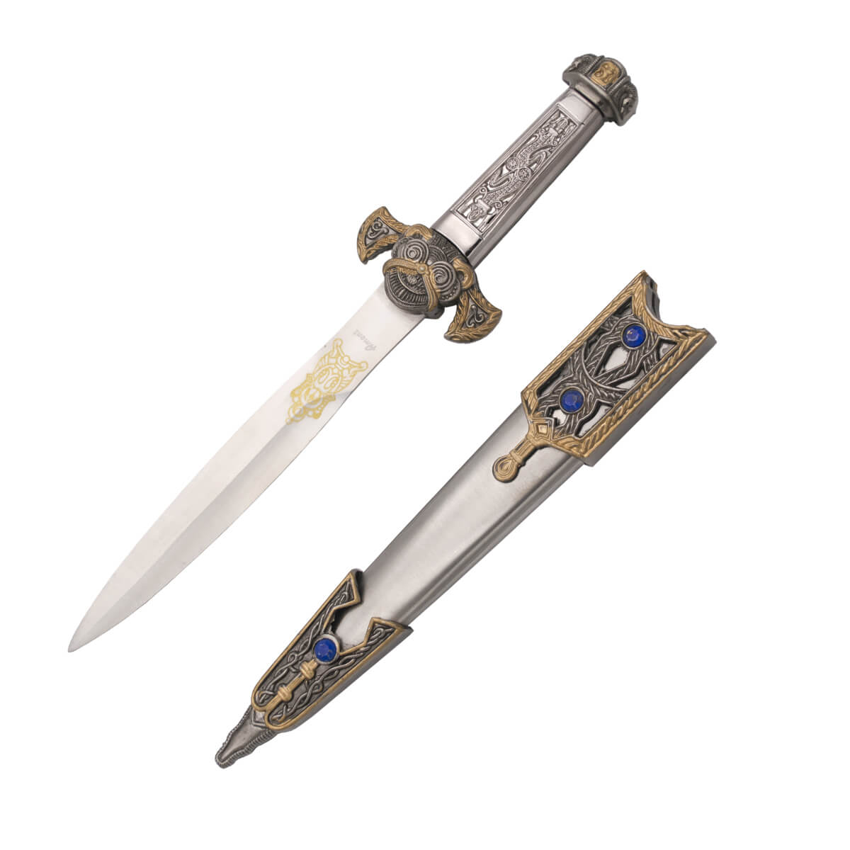 Aztec dagger with nickel and pomo colored hilt and illustrated guard