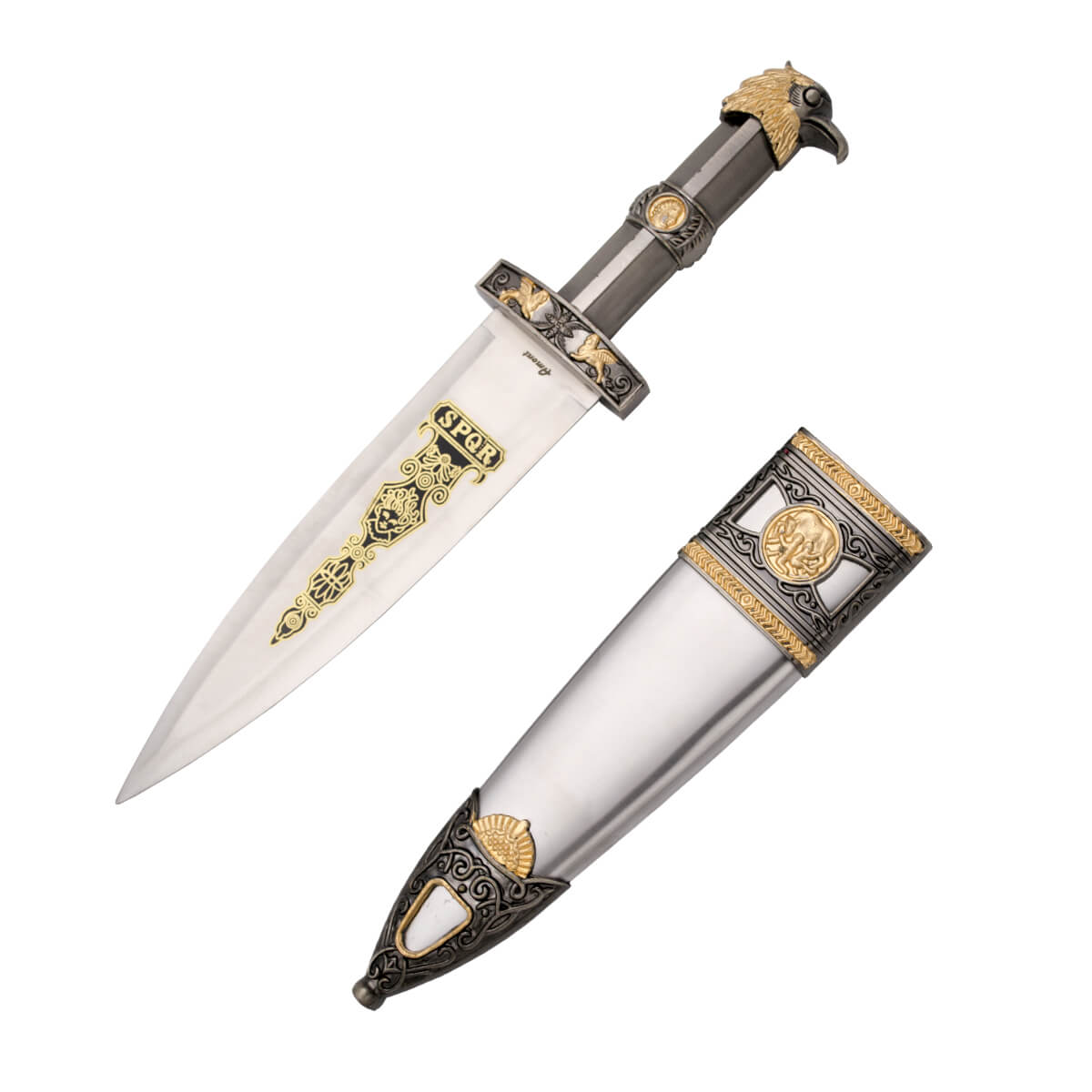 Poignard romain SPQR avec poignée couleur nickel et pommeau aigle couleur nickel et bronze