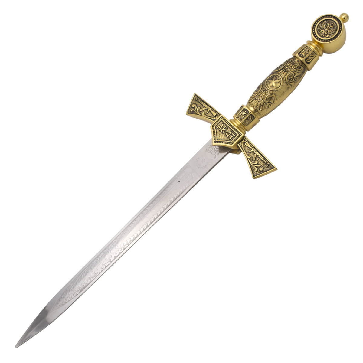 AK-47 Dolch mit Knauf, Parierstange und Griff in Goldfarbe und Klinge mit Gravuren von 24,5 cm