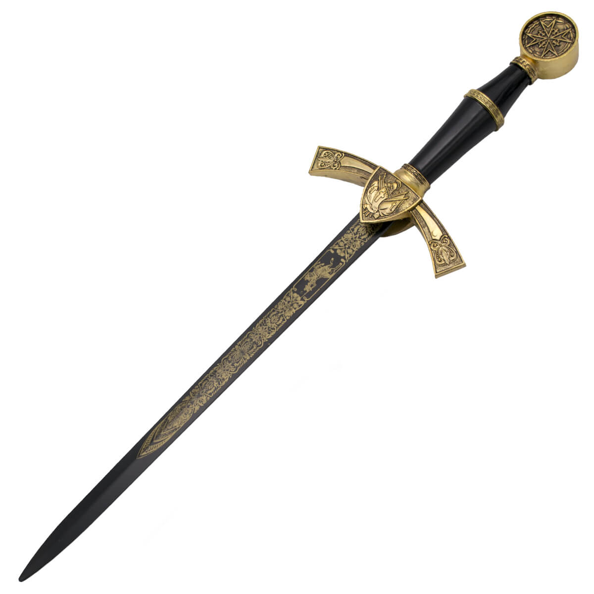 Punhal medieval com pomo e guarda na cor ouro e lâmina preta com gravuras de 29,5 cm