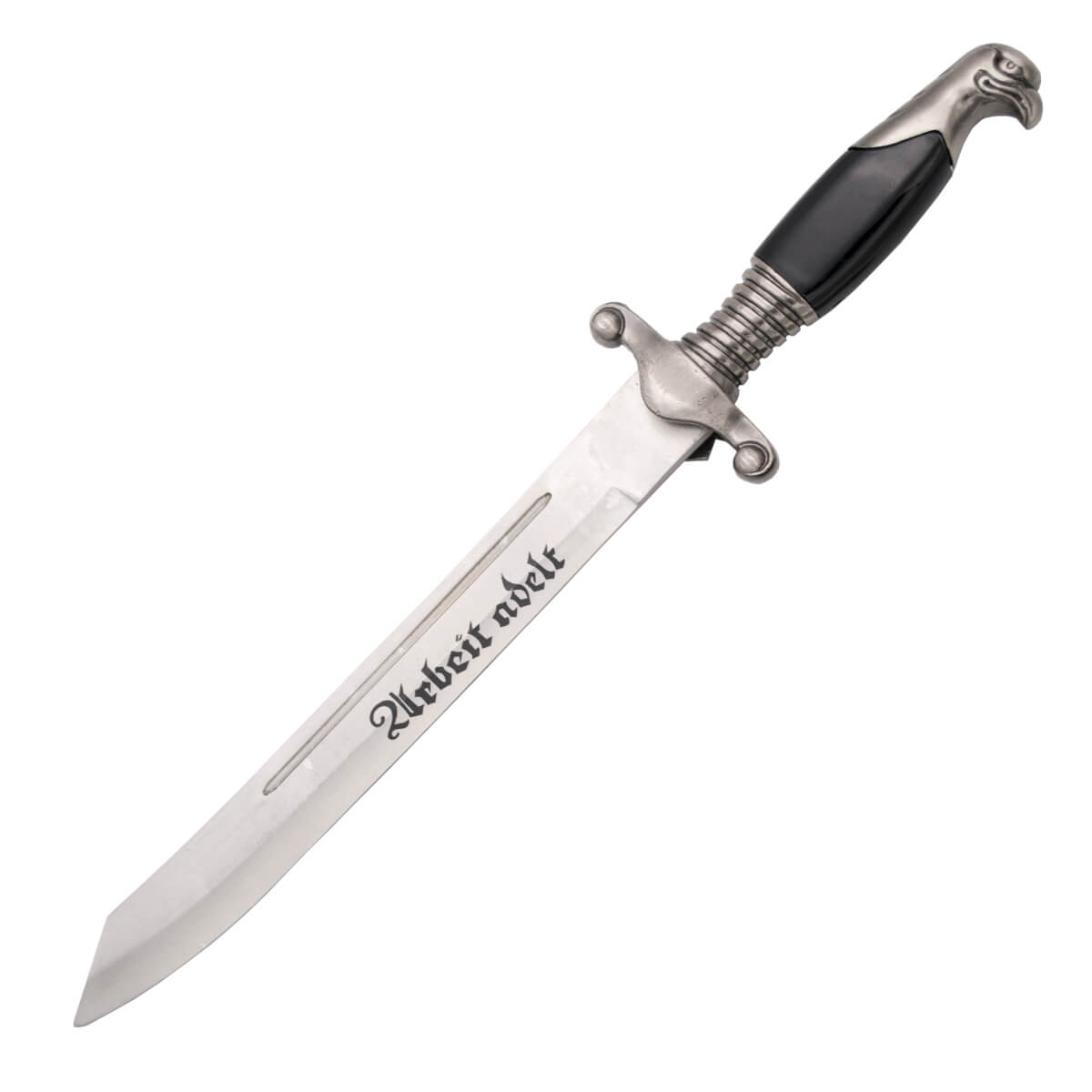 Dagger with engravings and eagle head pommel in nickel with black scabbard
