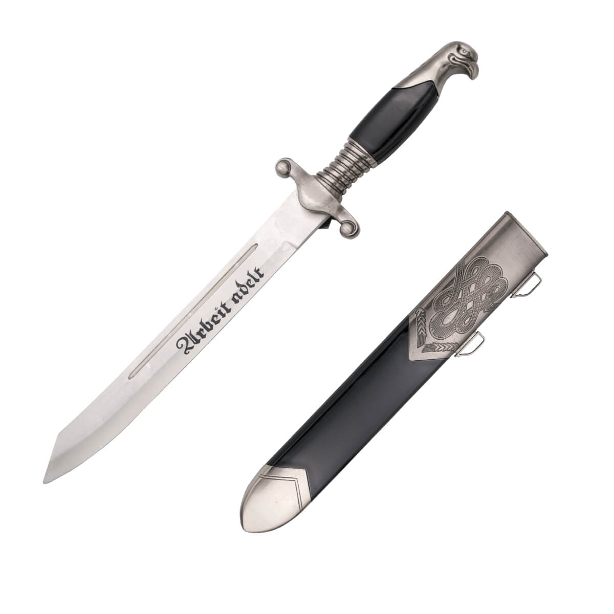 Dagger with engravings and eagle head pommel in nickel with black scabbard