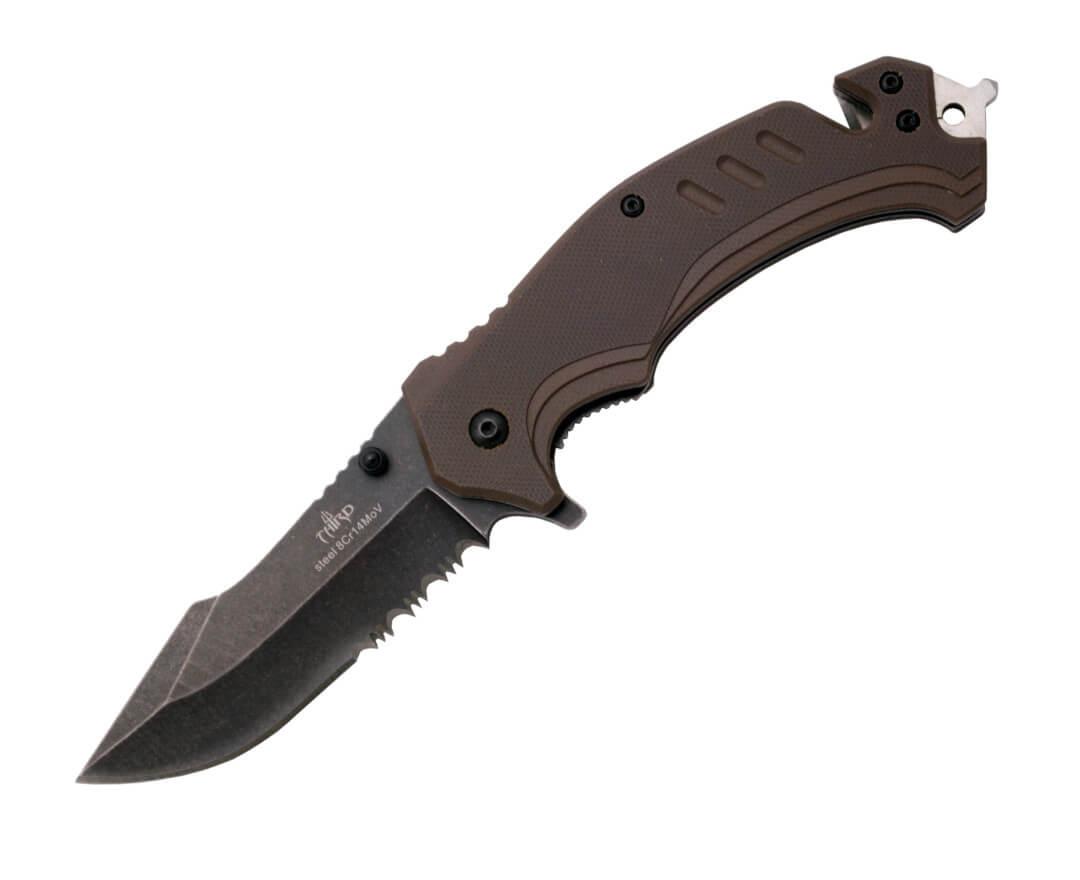 Knife with saw and handle of brown G10 with assisted opening