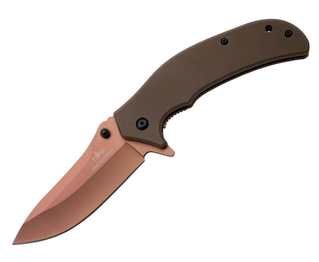 Pocket knife with brown G10 handle with assisted opening
