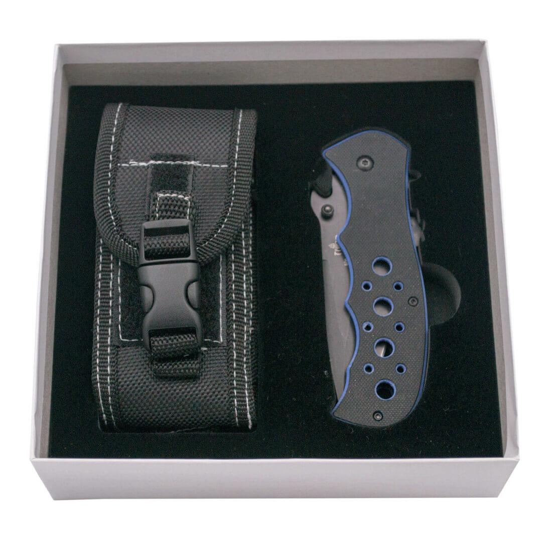 Pocket knife with assisted opening and handle of G10 bicolor blue and black with serrated blade