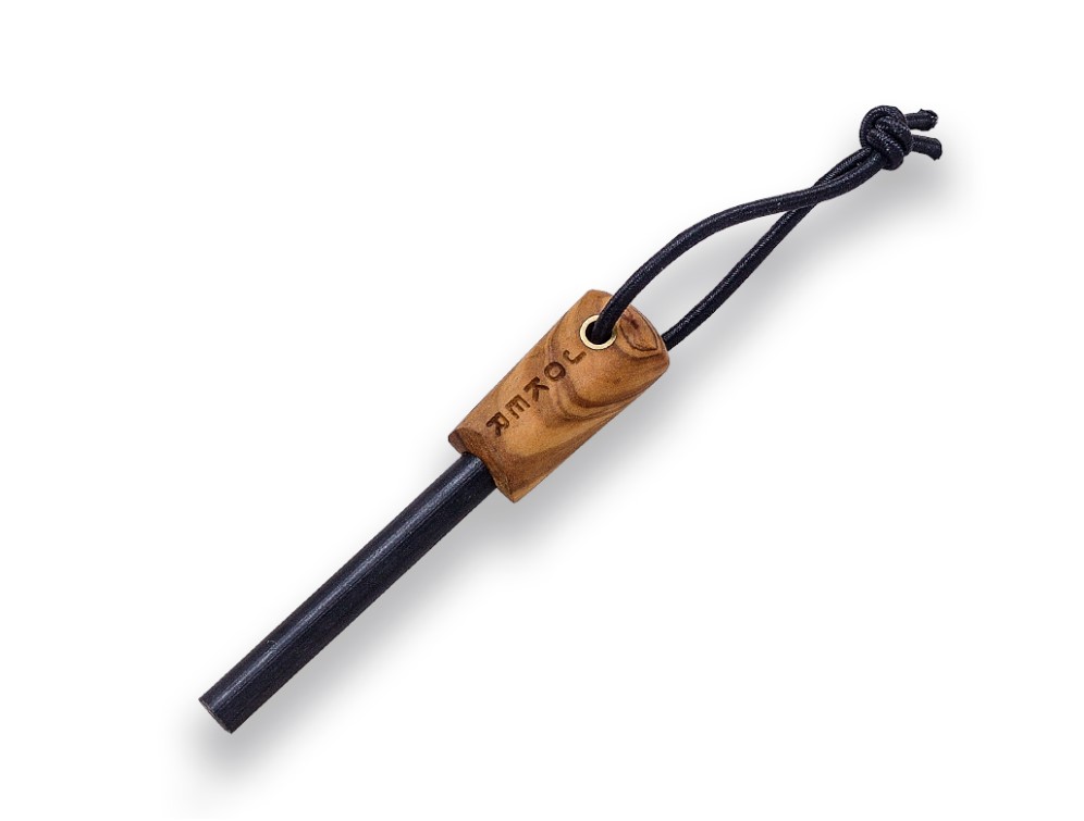 Joker BS9 Trapper Bushcraftmesser mit Griff aus Olivenholz und 10 cm Klinge mit Feuerstein