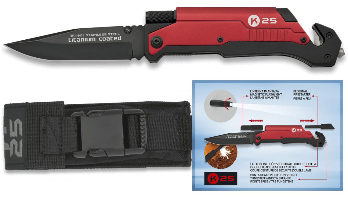 Temperino K25 rosso con pietra focaia, torcia magnetica e lama da...