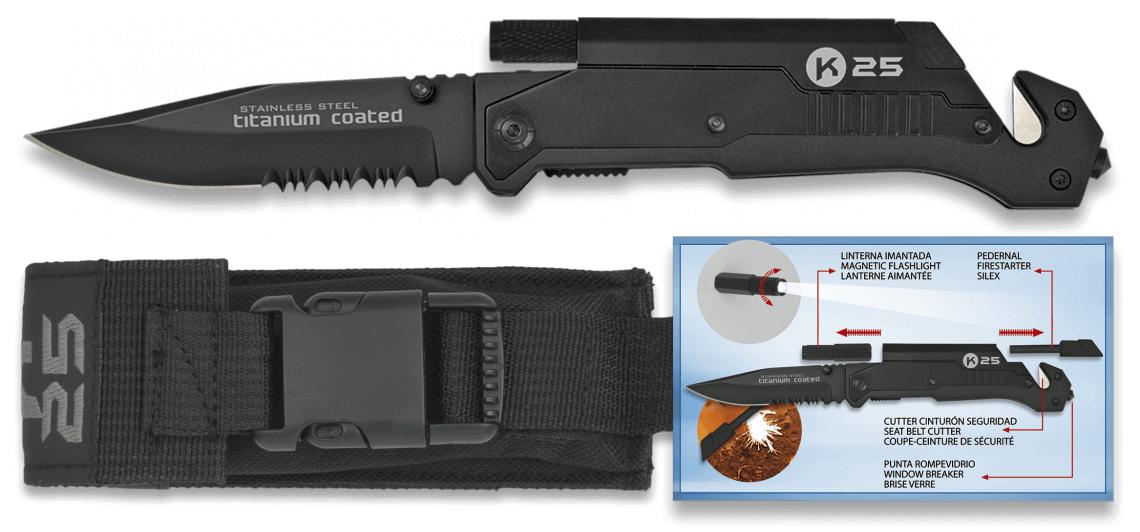 Coltello tattico nero K25 con pietra focaia e torcia magnetica, i...