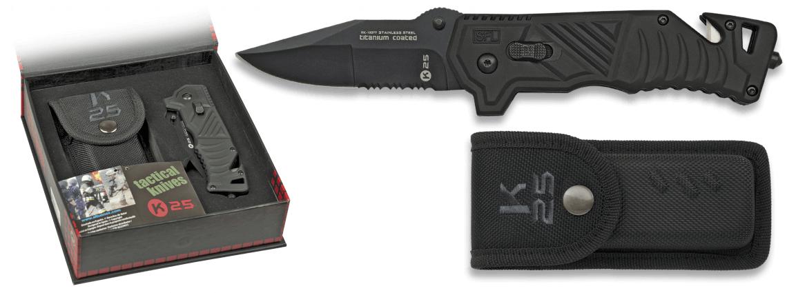 Coltello tattico K25 presentato in una scatola con manico SFL ner...